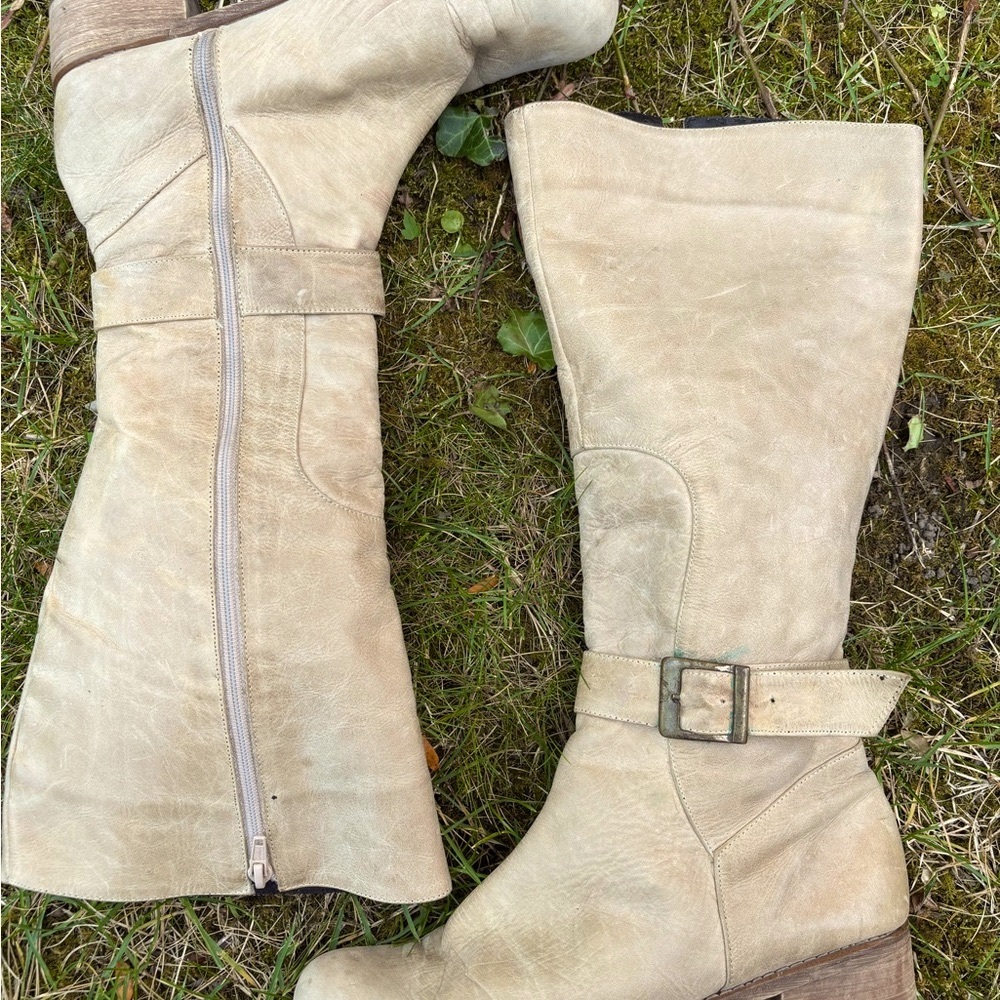 Vintage tall leather fashion boots light beige round toe side zip boots 8